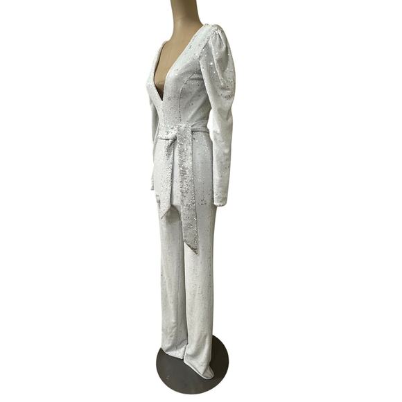 Dress the Population Jumpsuit White & Silver Sequin Long Sleeve - Picture 5 of 12